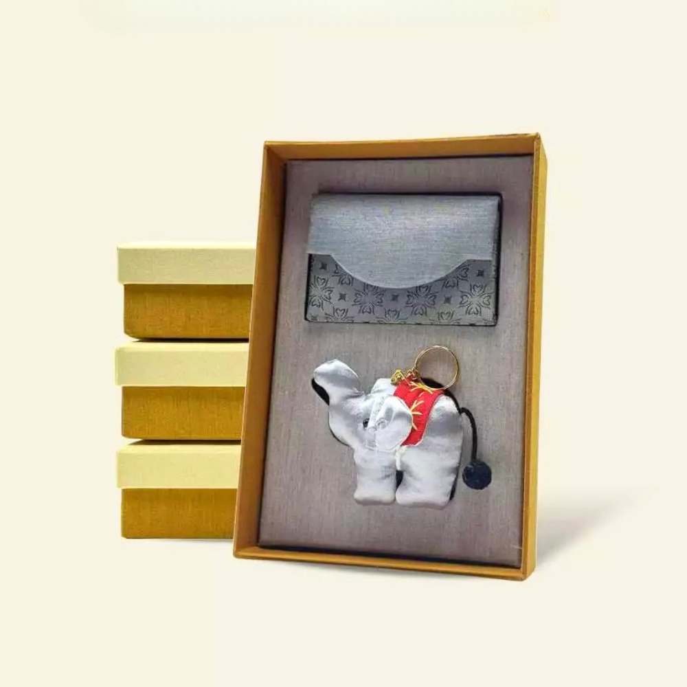Premium Silk Gift Set – Business Card Holder Box with Elephant Keychain