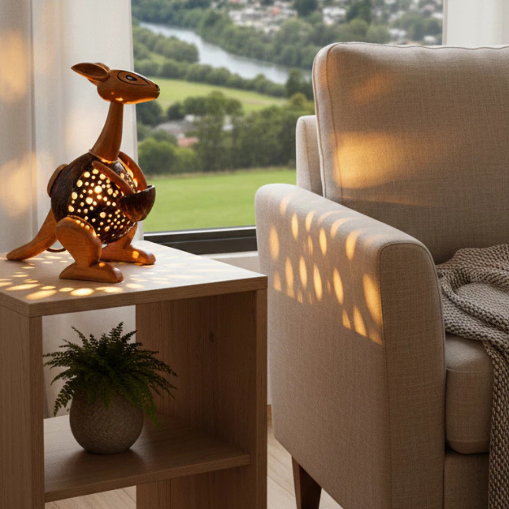 Handmade Coconut Shell Kangaroo Lamp – Natural Decorative Night Light
