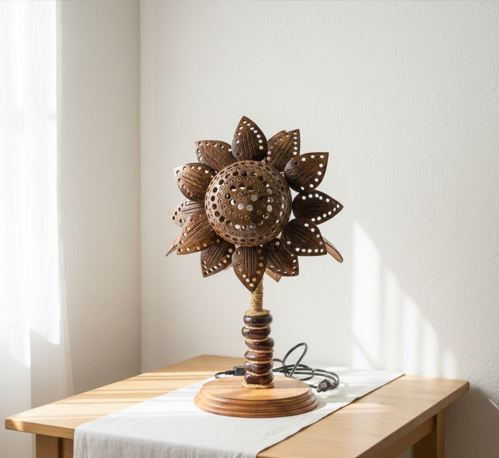 Handmade Coconut Shell Sunflower Lamp – Natural Tropical Decorative Light