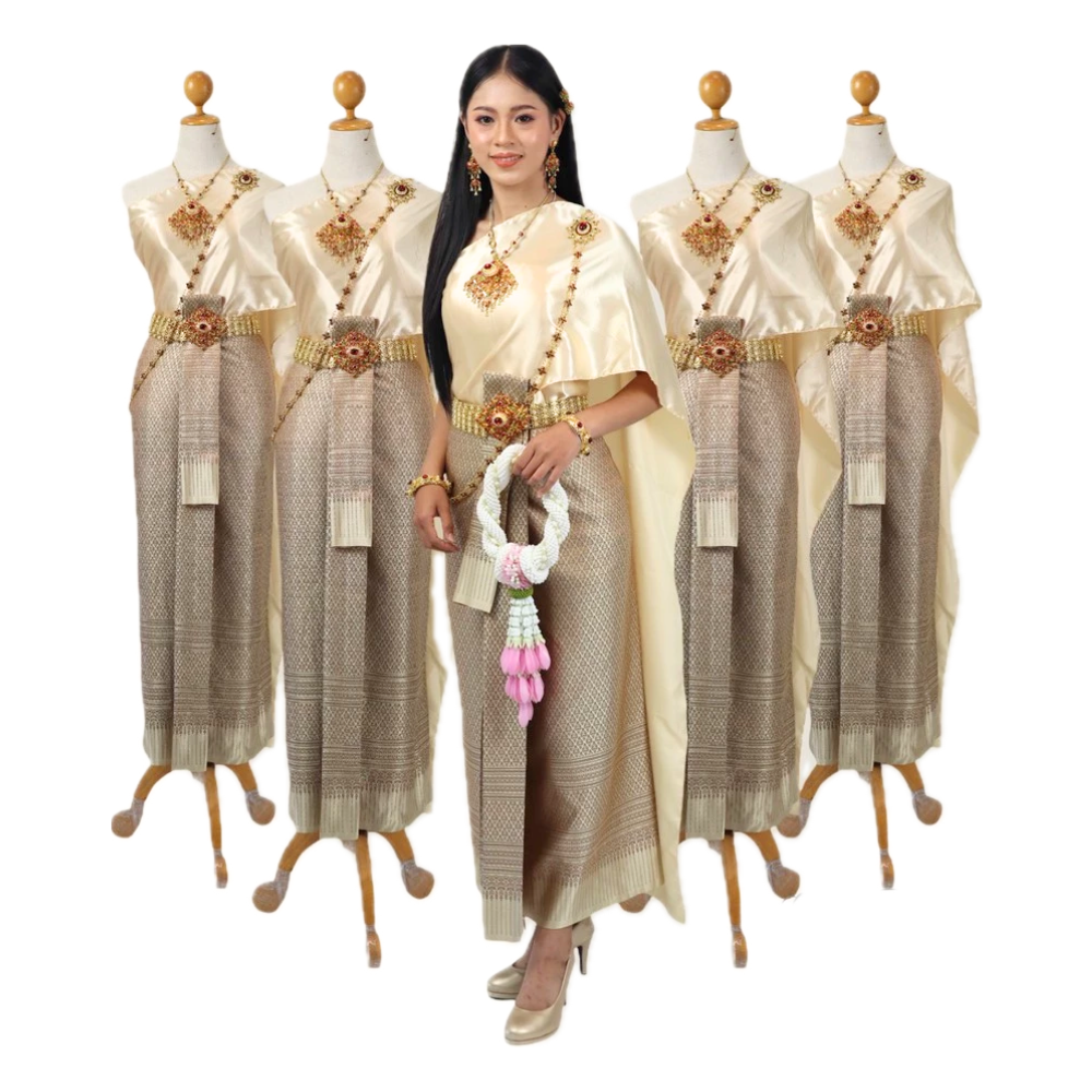 Thai Traditional Dress Set – Brown Silk Skirt with Cream Shawl