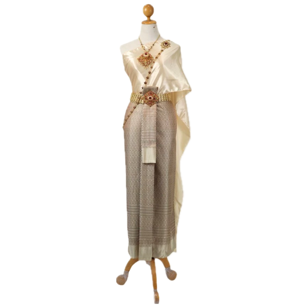 Thai Traditional Dress Set – Brown Silk Skirt with Cream Shawl