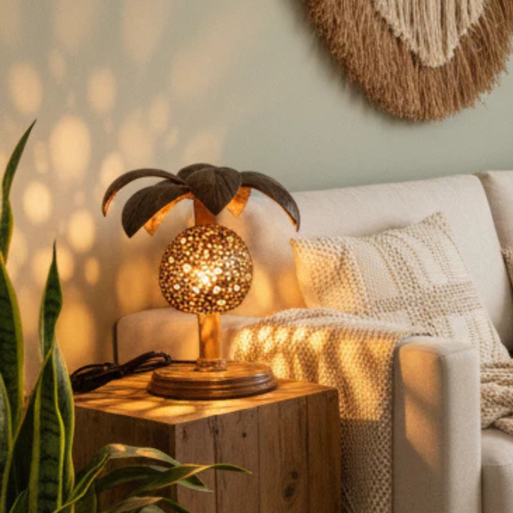 Handmade Coconut Shell Tree Lamp – Natural Tropical Décor Light