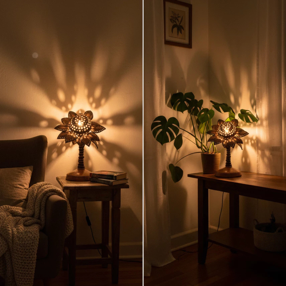 Handmade Coconut Shell Sunflower Lamp – Natural Tropical Decorative Light