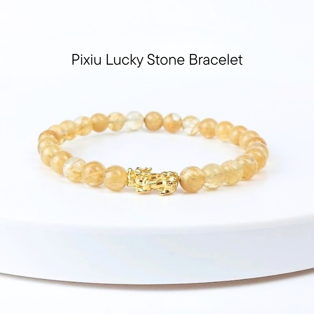 Pixiu Lucky Stone Bracelet – Gold-Tone Charm & 6 mm Beads