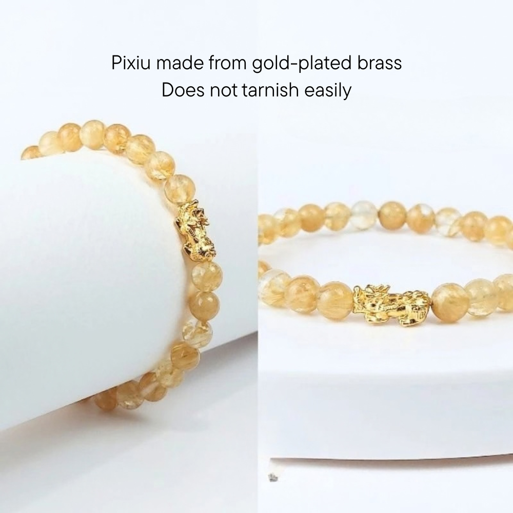 Pixiu Lucky Stone Bracelet – Gold-Tone Charm & 6 mm Beads