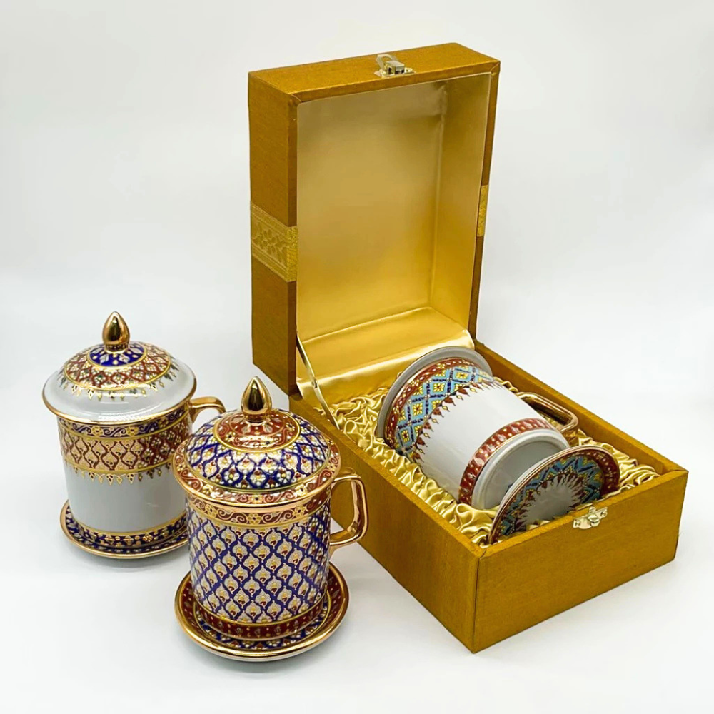 Benjarong Thai Pattern Mug Set with Silk Gift Box