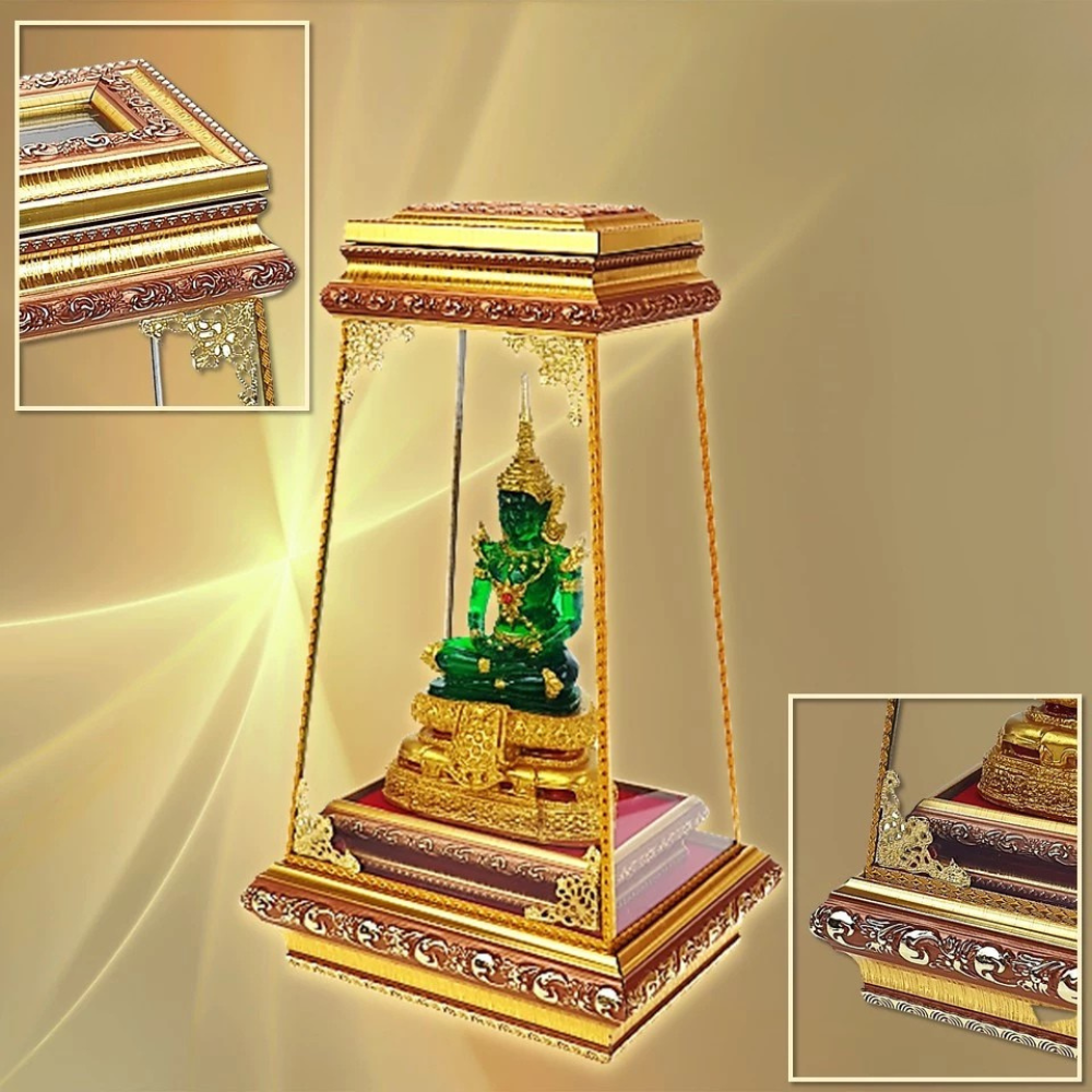 Emerald Buddha Statue in Glass Display Case – Prosperity, Protection & Blessings