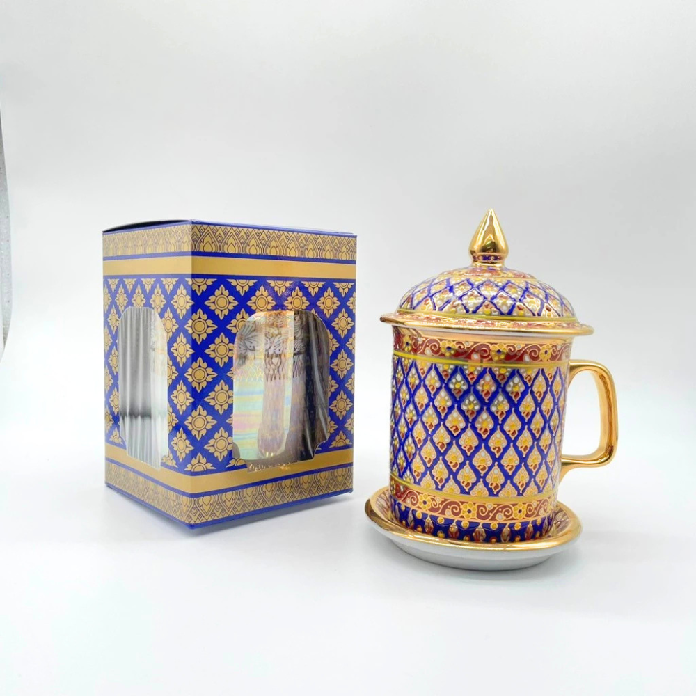 Benjarong Thai Pattern Mug Set with Silk Gift Box