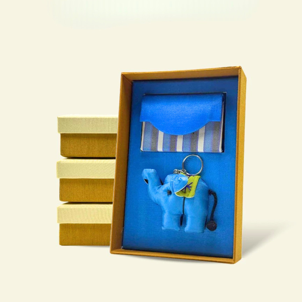 Premium Silk Gift Set – Business Card Holder Box with Elephant Keychain