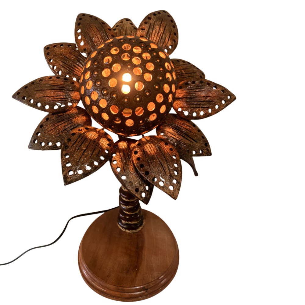 Handmade Coconut Shell Sunflower Lamp – Natural Tropical Decorative Light