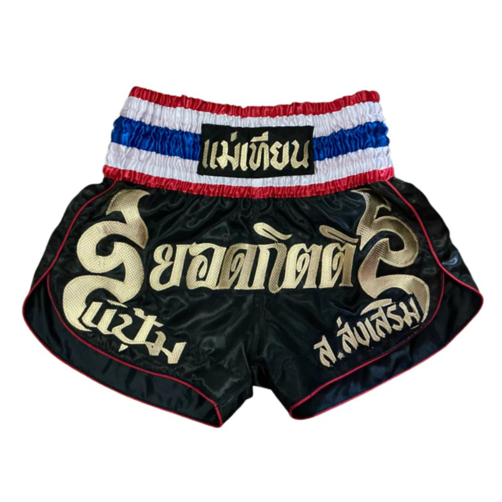 Custom Name Muay Thai Shorts – Black with Thai Flag Waistband