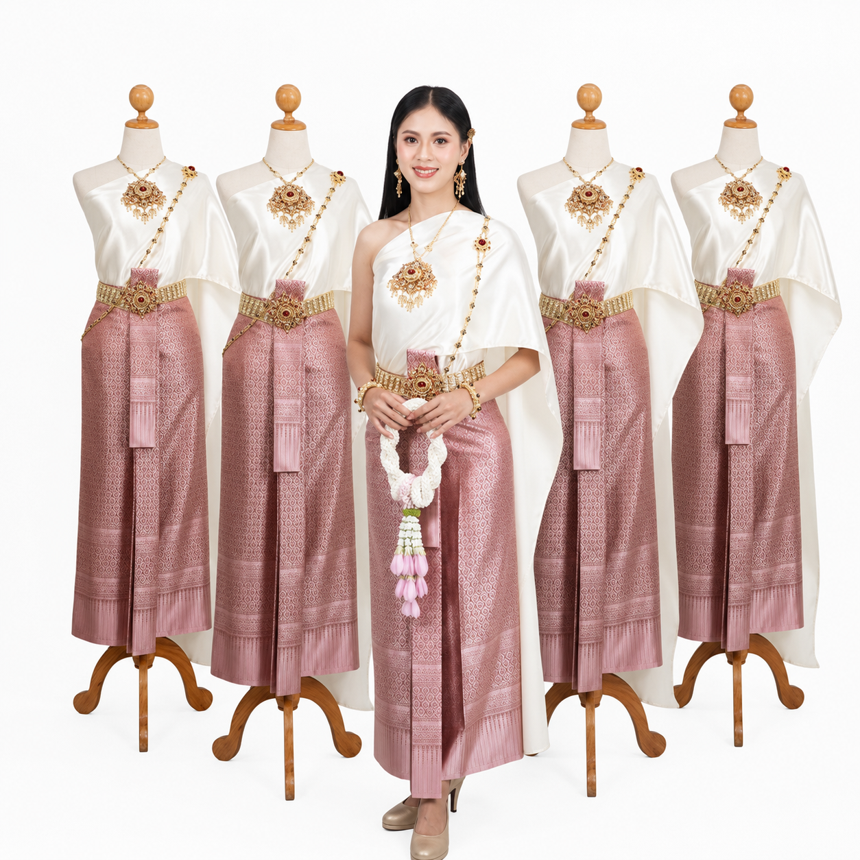 Thai Traditional Dress Set – Dusty Rose with Ivory Shawl