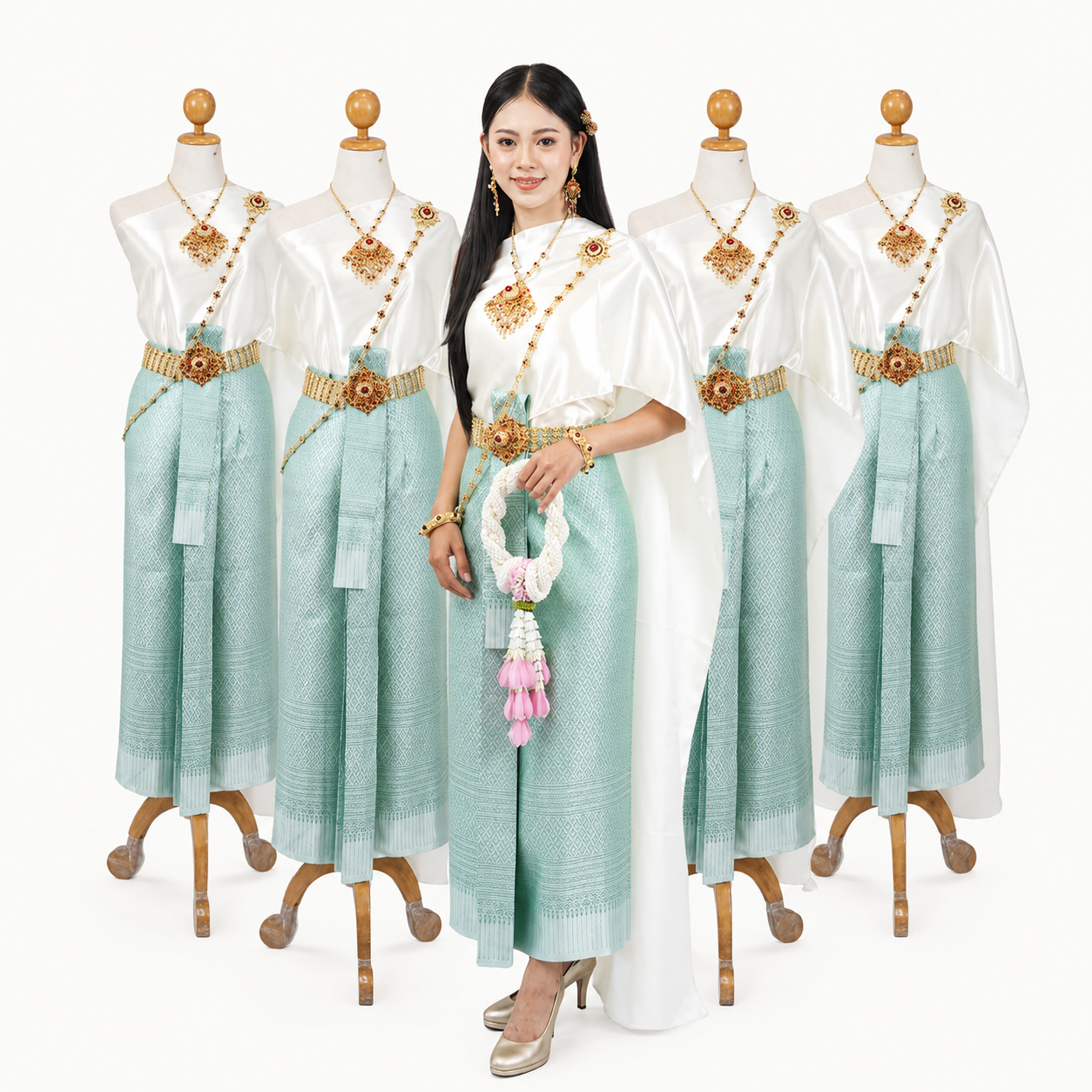 Thai Traditional Dress Set – Mint Green with Ivory Shawl