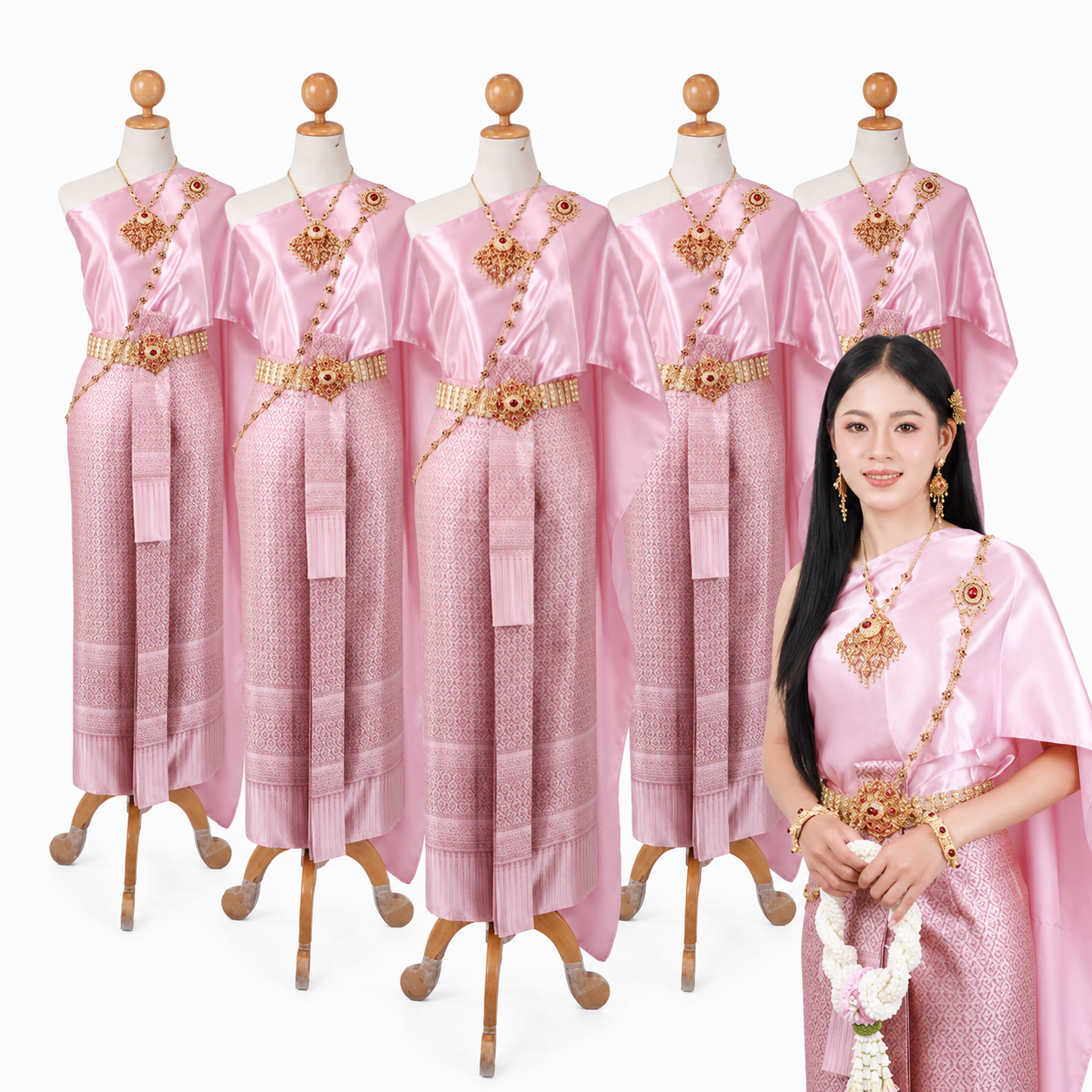 Thai Traditional Dress Set – Dusty Pink with Matching Shawl