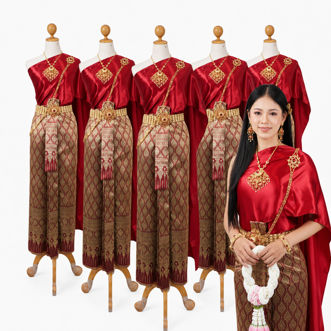 Thai Traditional Dress Set – Burgundy & Gold Thai Silk Style Outfit