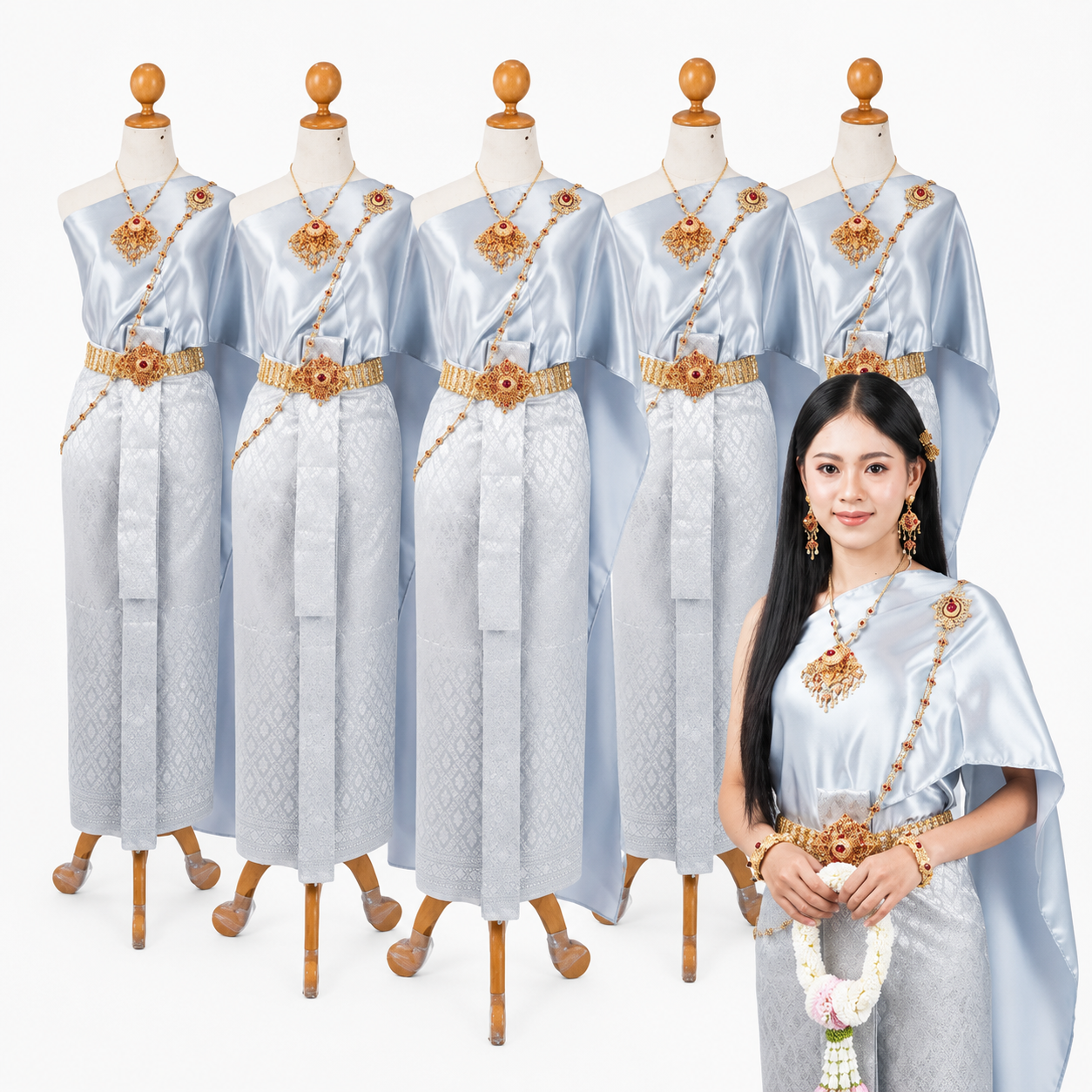 Thai Traditional Dress Set – Silver Gray Thai Silk with Matching Shawl