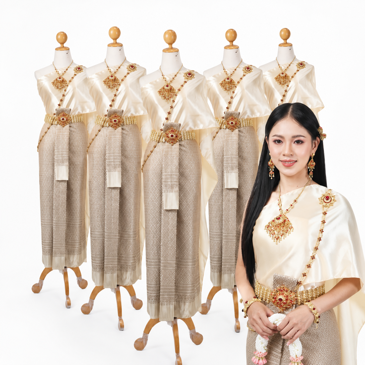 Thai Traditional Dress Set – Brown Silk Skirt with Cream Shawl