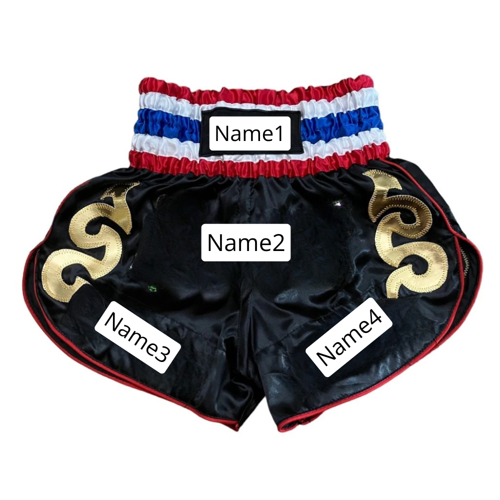 Custom Name Muay Thai Shorts – Black with Thai Flag Waistband