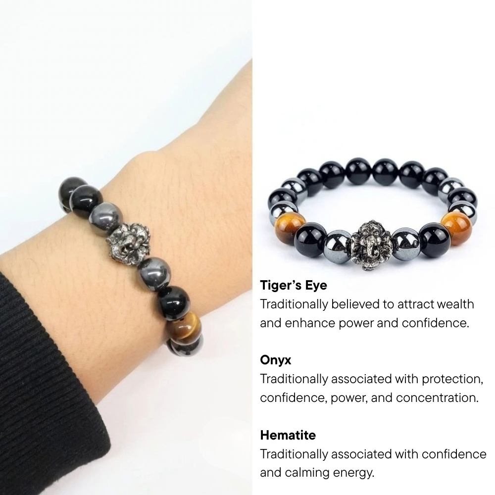 Ganesha Stone Bracelet – Tiger’s Eye, Hematite & Onyx, 10 mm