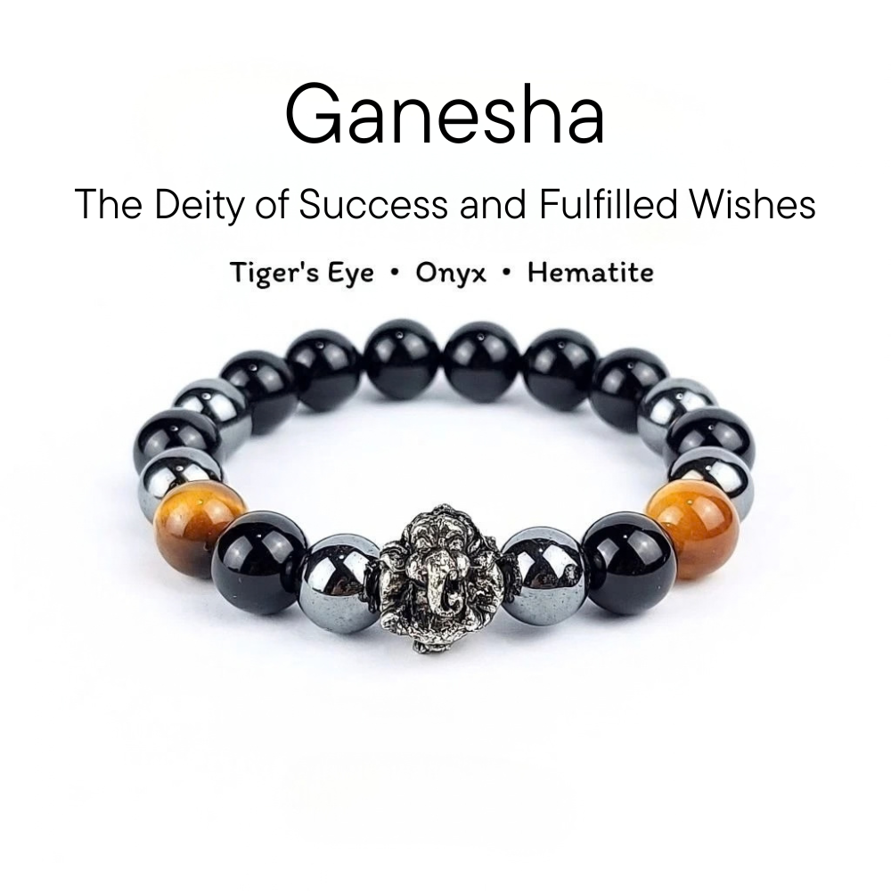Ganesha Stone Bracelet – Tiger’s Eye, Hematite & Onyx, 10 mm
