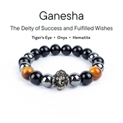 Ganesha Stone Bracelet – Tiger’s Eye, Hematite & Onyx, 10 mm