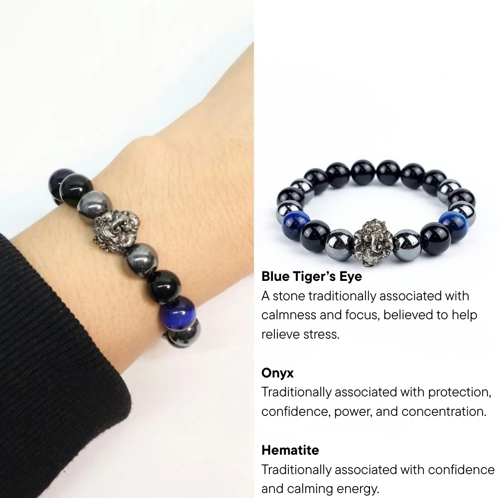Lord Ganesha Blue Tiger’s Eye, Hematite & Onyx Stone Bracelet