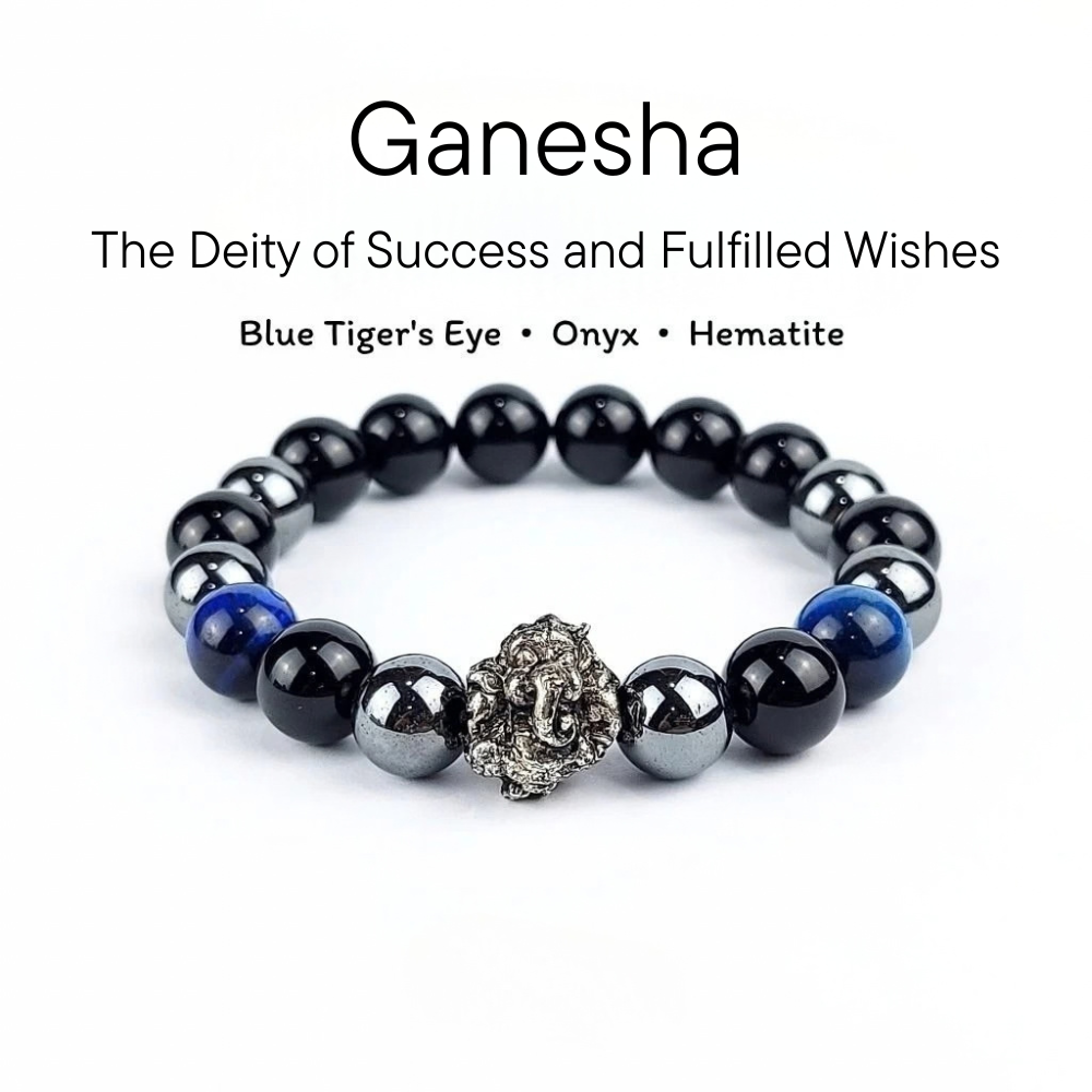 Lord Ganesha Blue Tiger’s Eye, Hematite & Onyx Stone Bracelet