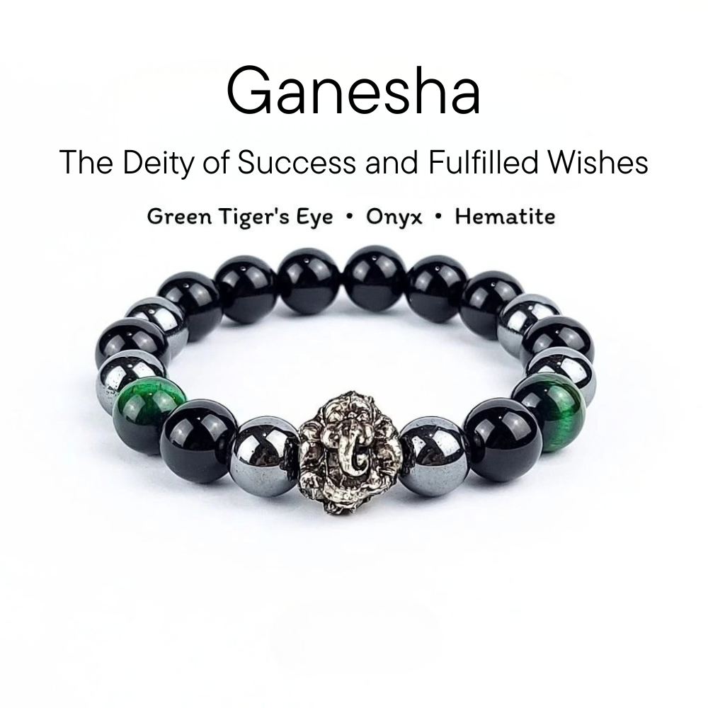 Ganesha Stone Bracelet – Green Tiger’s Eye, Hematite & Onyx
