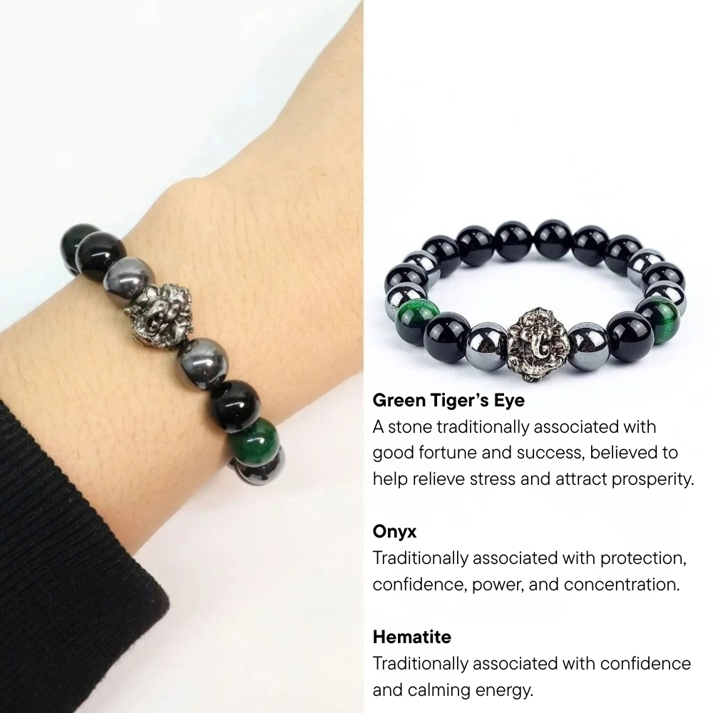 Ganesha Stone Bracelet – Green Tiger’s Eye, Hematite & Onyx
