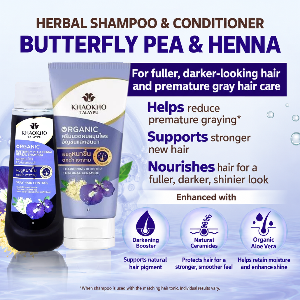 Khaokho Talaypu Butterfly Pea & Henna Hair Care Set – Helps Reduce Premature Graying