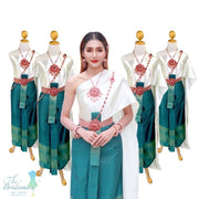 Thai Traditional Dress Set – Emerald Green with Ivory Shawl