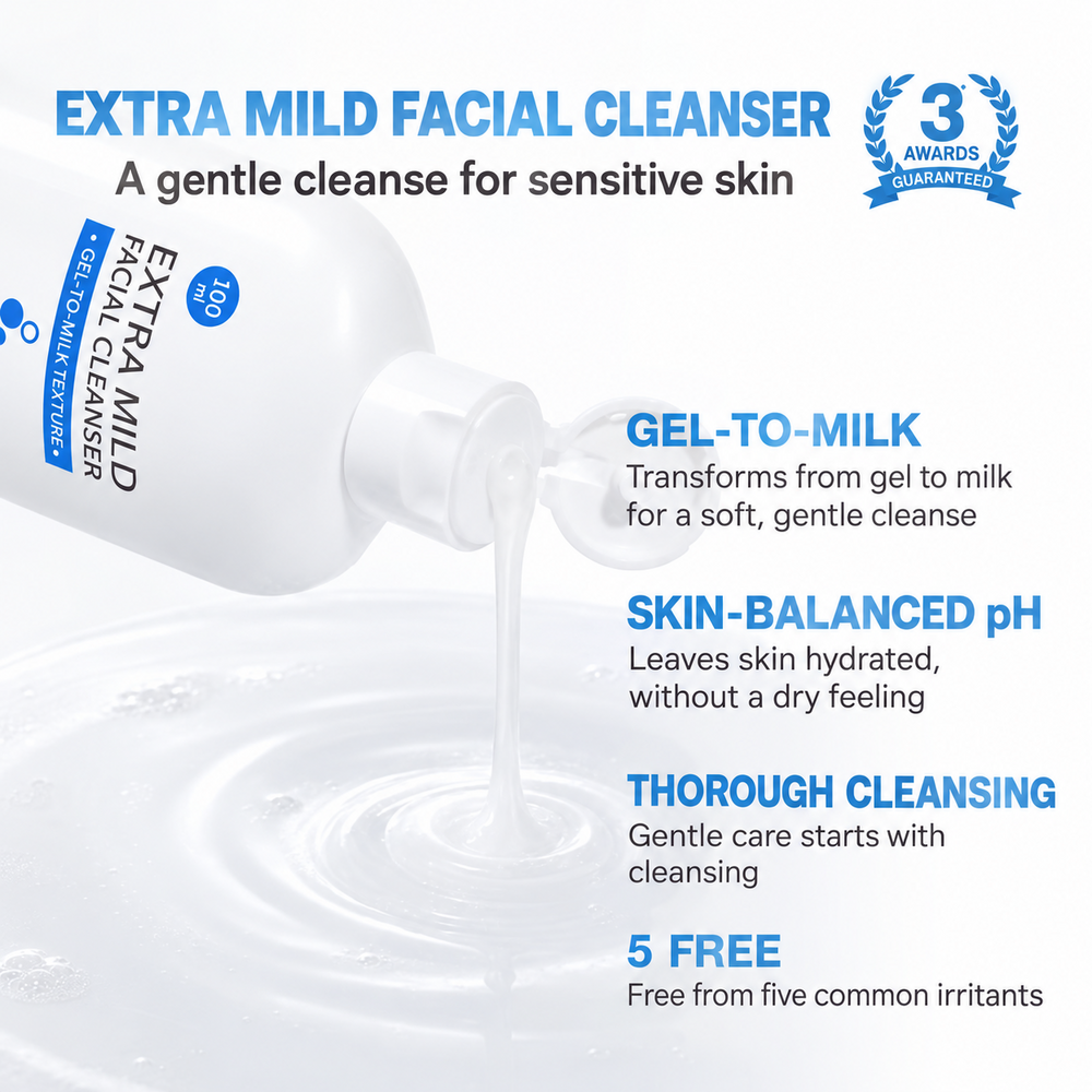 MizuMi Extra Mild Facial Cleanser gel-to-milk texture and gentle cleansing benefits