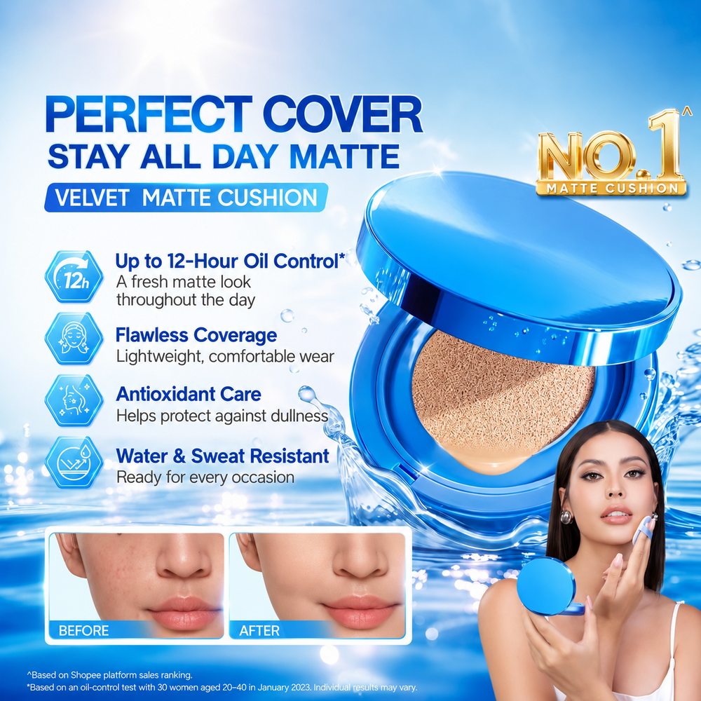 SKINTIFIC Perfect Stay Velvet Matte Cushion with blue compact and coverage benefits