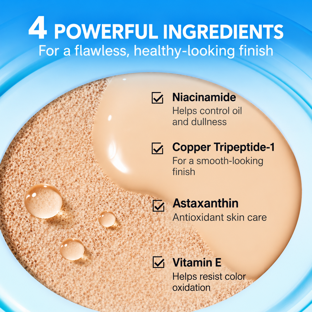 SKINTIFIC velvet matte cushion key ingredients: Niacinamide, Copper Tripeptide-1, Astaxanthin and Vitamin E