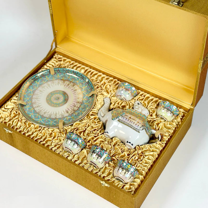 Benjarong Elephant Teapot Set in Silk Gift Box – Luxury Thai Porcelain Tea Set