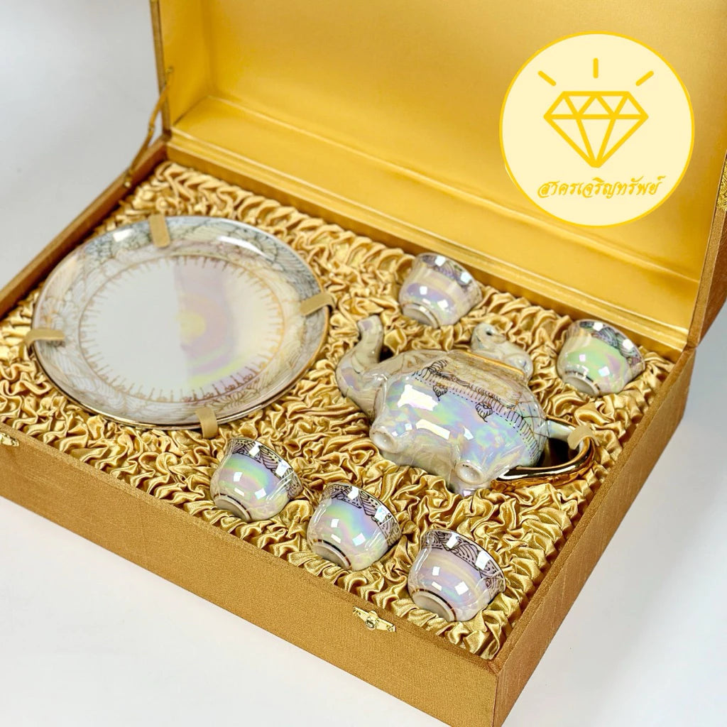 Benjarong Elephant Teapot Set in Silk Gift Box – Luxury Thai Porcelain Tea Set