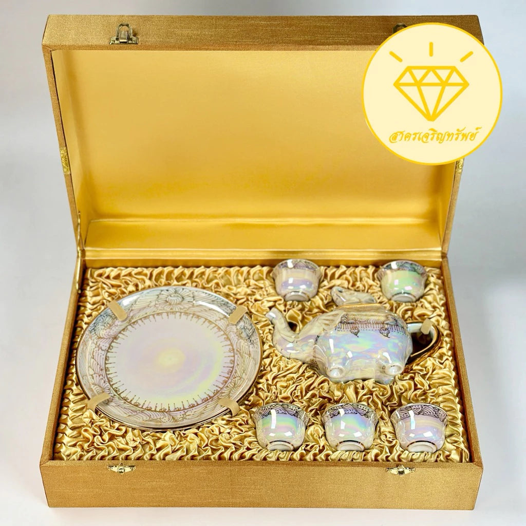 Benjarong Elephant Teapot Set in Silk Gift Box – Luxury Thai Porcelain Tea Set