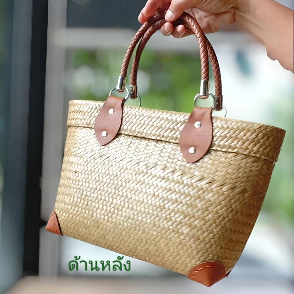 Handwoven Krajood Bag (Size M) – Natural Thai Basket Tote with Coconut Shell Detail