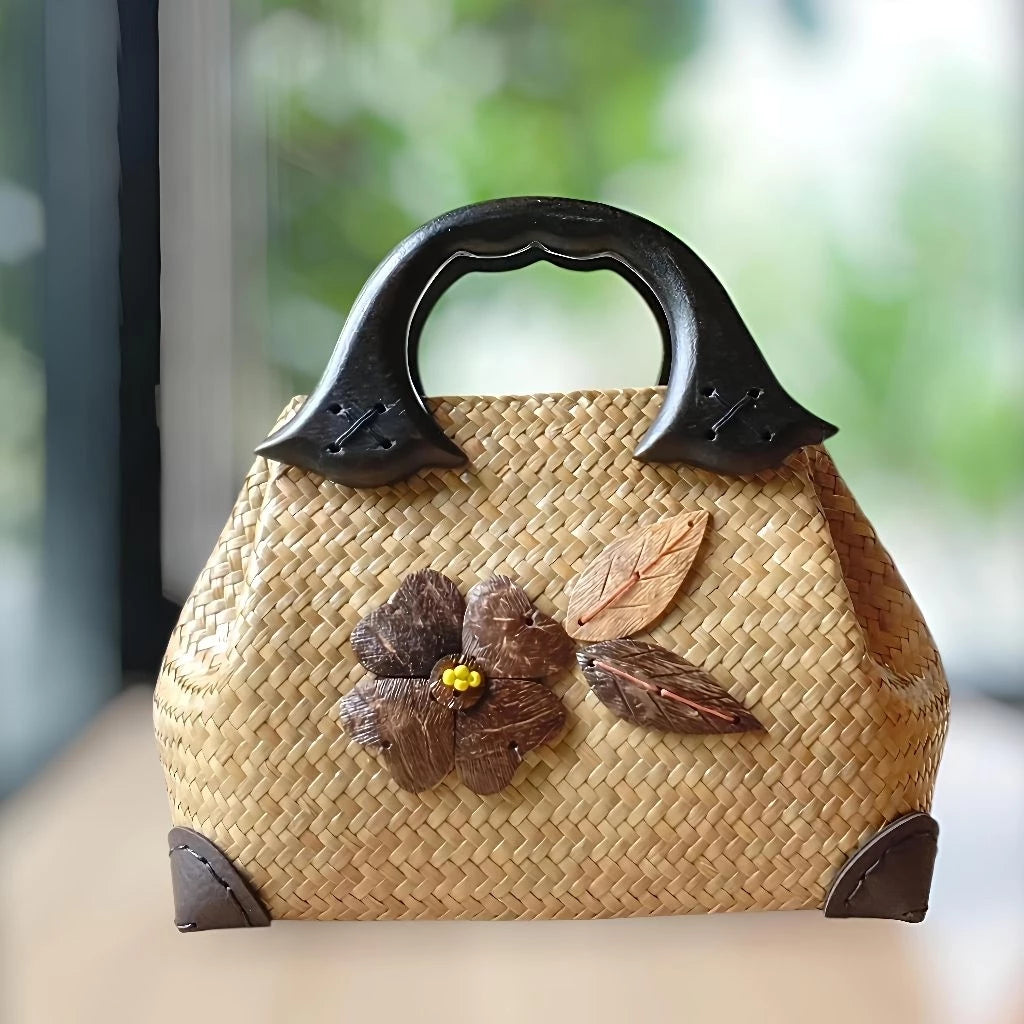 Handwoven Krajood Bag (Size S) – Natural Straw Tote with Wooden Handle