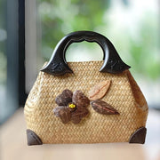 Handwoven Krajood Bag (Size S) – Natural Straw Tote with Wooden Handle
