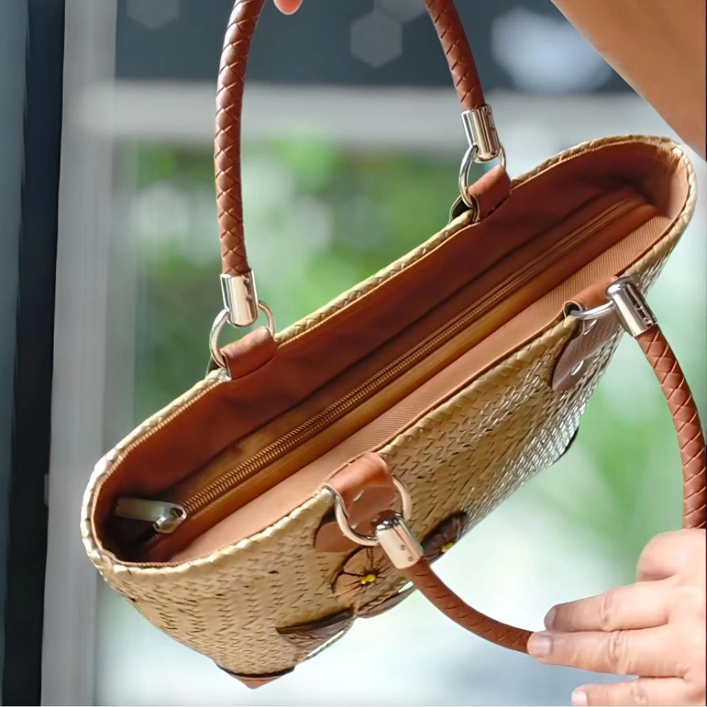 Handwoven Krajood Bag (Size M) – Natural Thai Basket Tote with Coconut Shell Detail