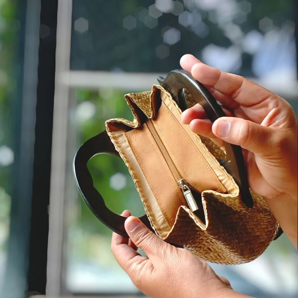 Handwoven Krajood Bag (Size S) – Natural Straw Tote with Wooden Handle