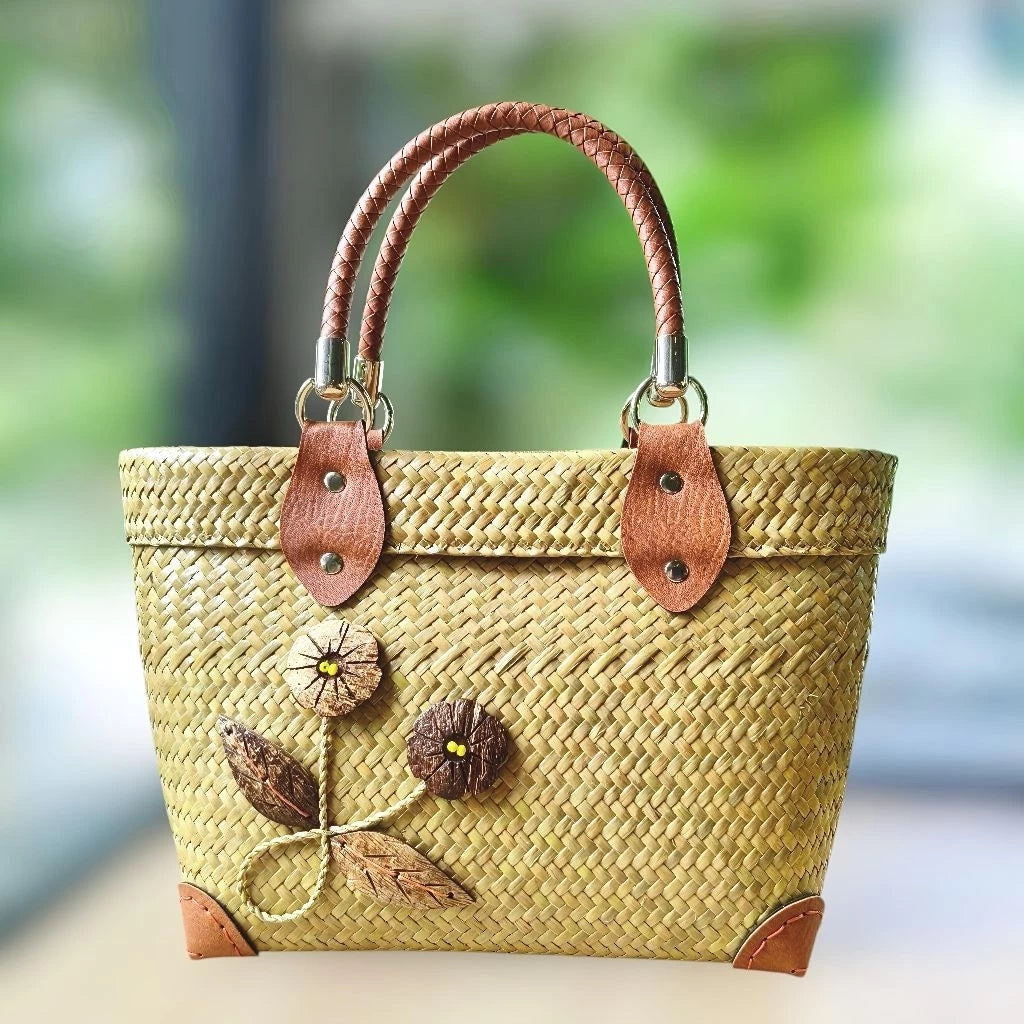 Handwoven Krajood Bag (Size M) – Natural Thai Basket Tote with Coconut Shell Detail